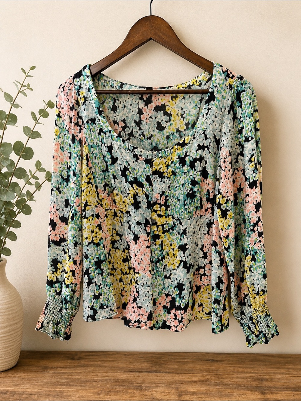 LOFT Black Multi Floral Scoop-Neck Blouse